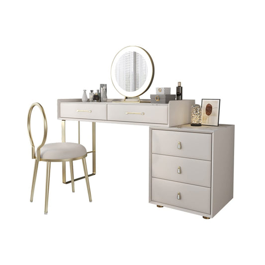 Modernes Schminktisch Set Holz Kommode Steinplatte LED Lampe Ausziehbarer Schreibtisch Schlafzimmer Möbel Set Groß mit Stuhl