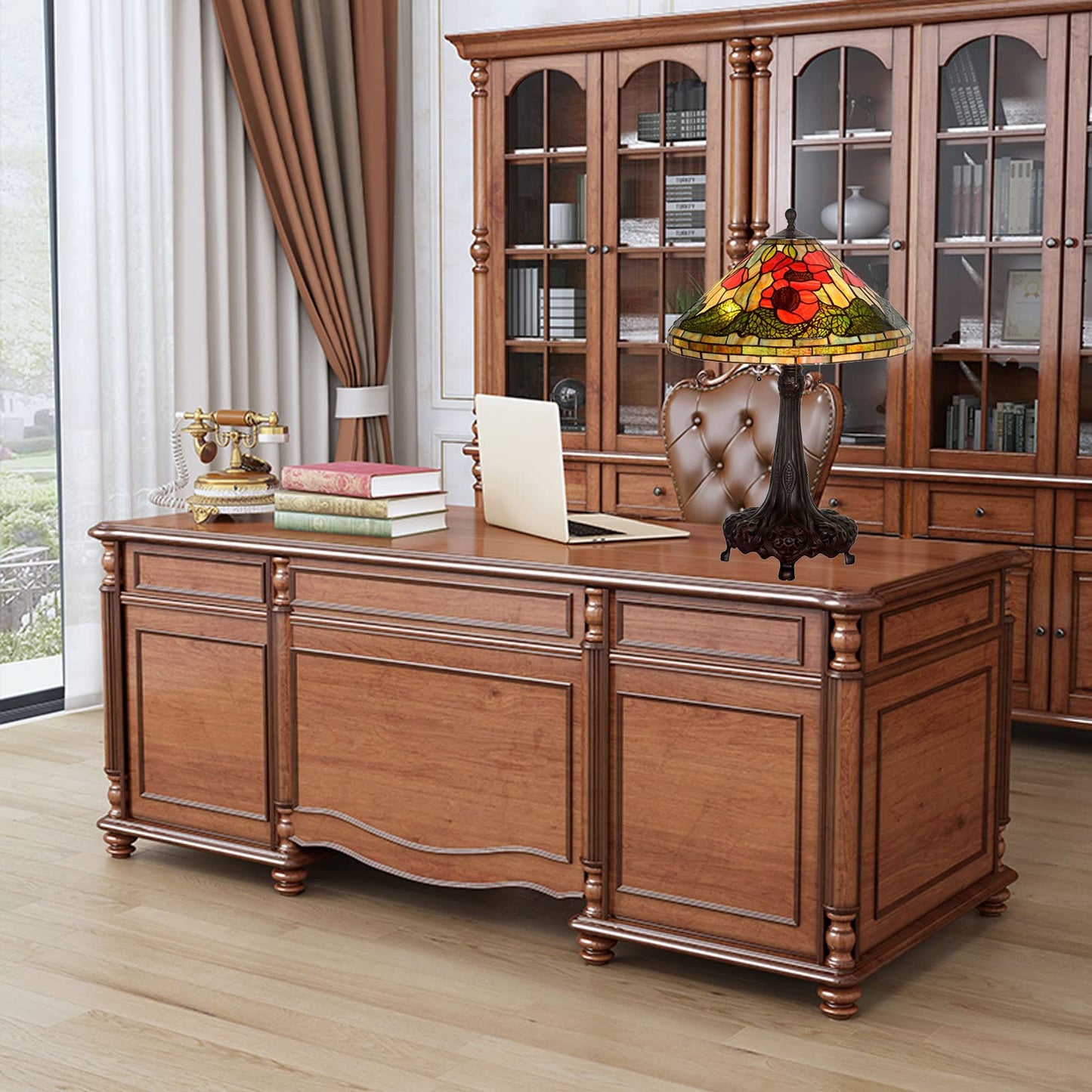 CAPXXIN Tiffany Retro Tischlampe Buntglas Mohnblumen Design Vintage Nachttischlampe Schlafzimmer Wohnzimmer Zinklegierung Handgefertigt