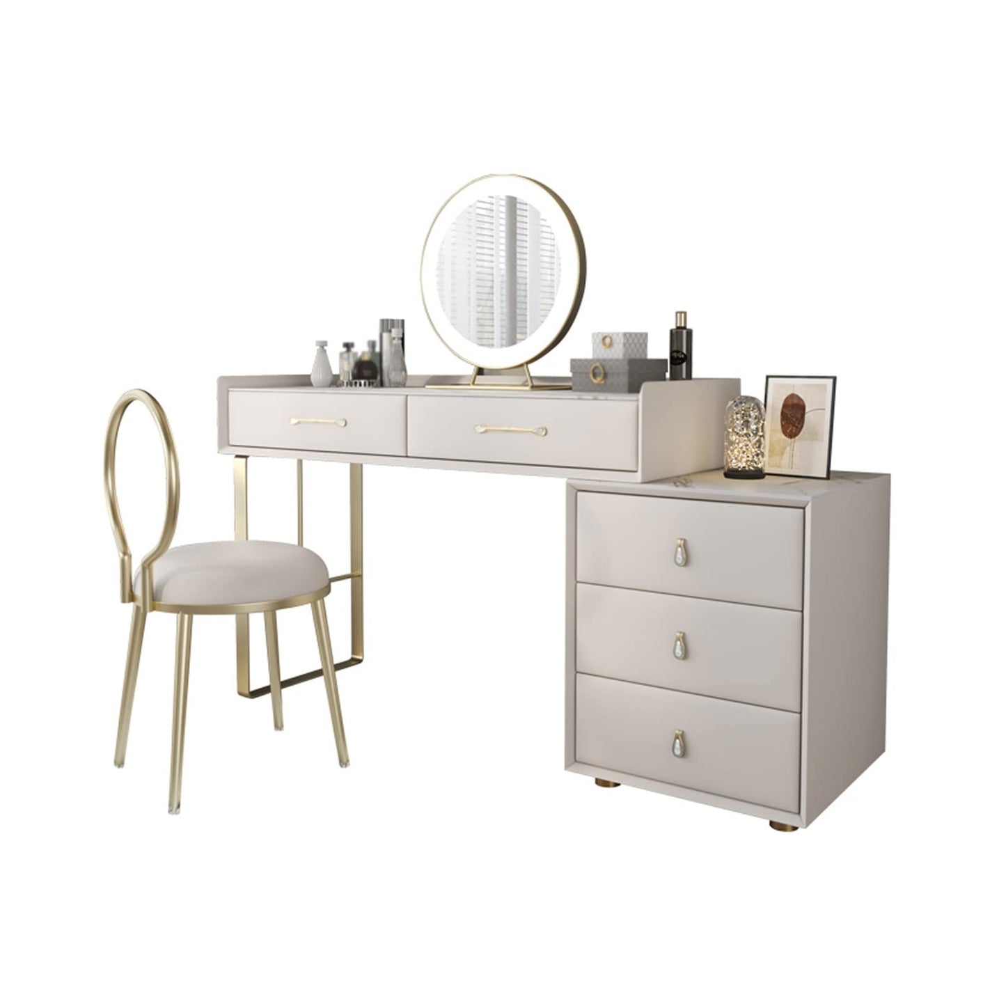 Modernes Schminktisch Set Holz Kommode Steinplatte LED Lampe Ausziehbarer Schreibtisch Schlafzimmer Möbel Set Groß mit Stuhl