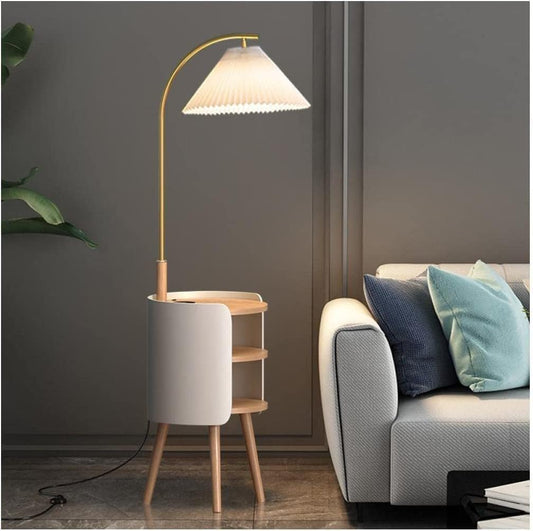 Europäische Stehlampe mit USB Aufladung Dreischichtige Plissee Stehleuchte Modern Weiß Wohnzimmer Schlafzimmer LED Standlampe