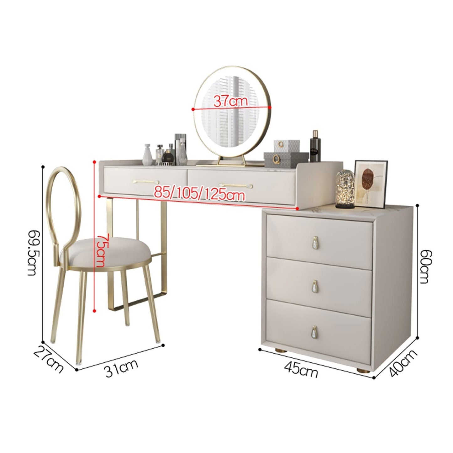 Modernes Schminktisch Set Holz Kommode Steinplatte LED Lampe Ausziehbarer Schreibtisch Schlafzimmer Möbel Set Groß mit Stuhl