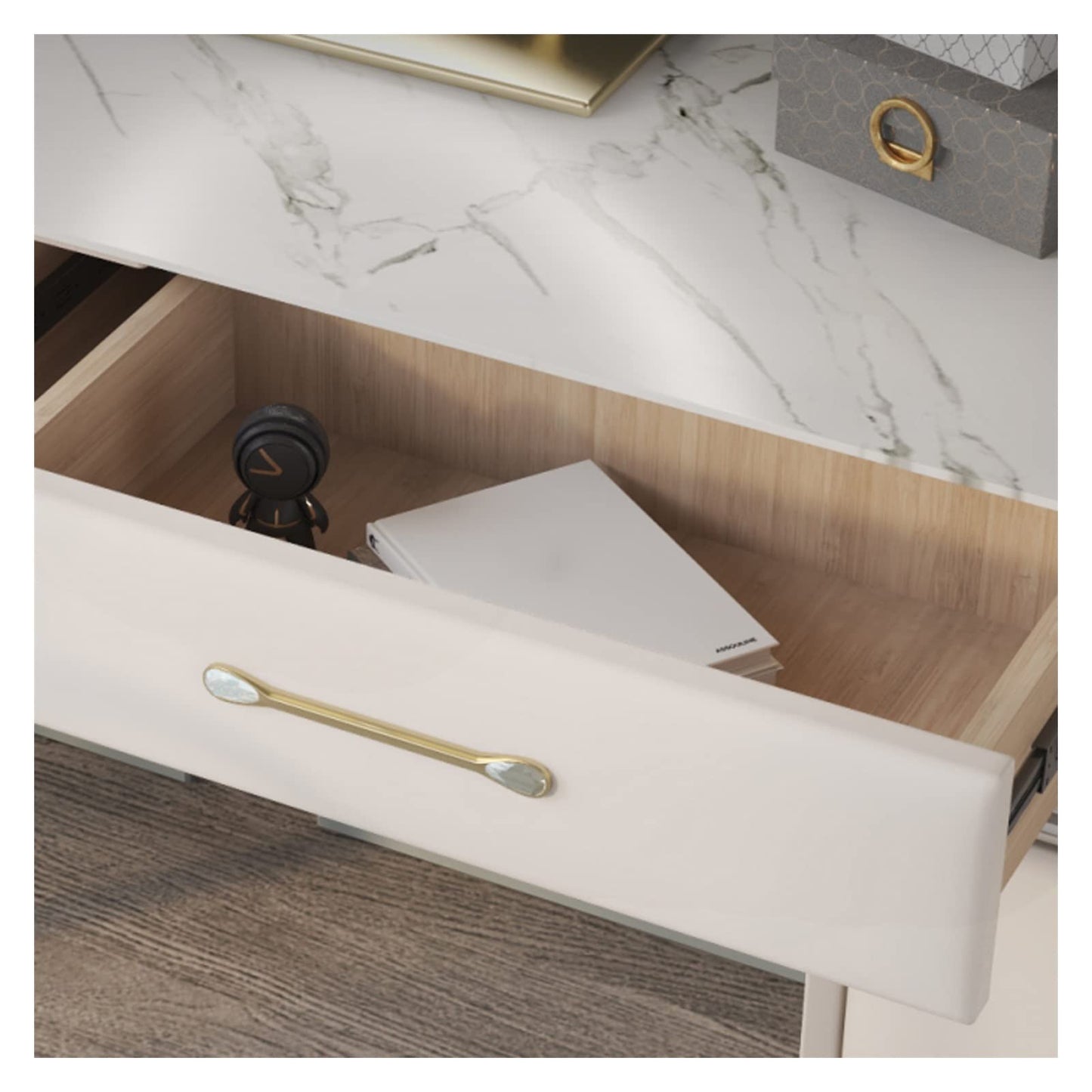 Modernes Schminktisch Set Holz Kommode Steinplatte LED Lampe Ausziehbarer Schreibtisch Schlafzimmer Möbel Set Groß mit Stuhl