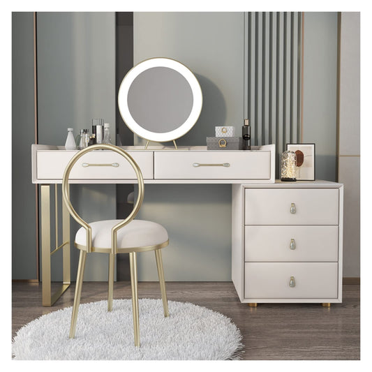 Modernes Schminktisch Set Holz Kommode Steinplatte LED Lampe Ausziehbarer Schreibtisch Schlafzimmer Möbel Set Groß mit Stuhl