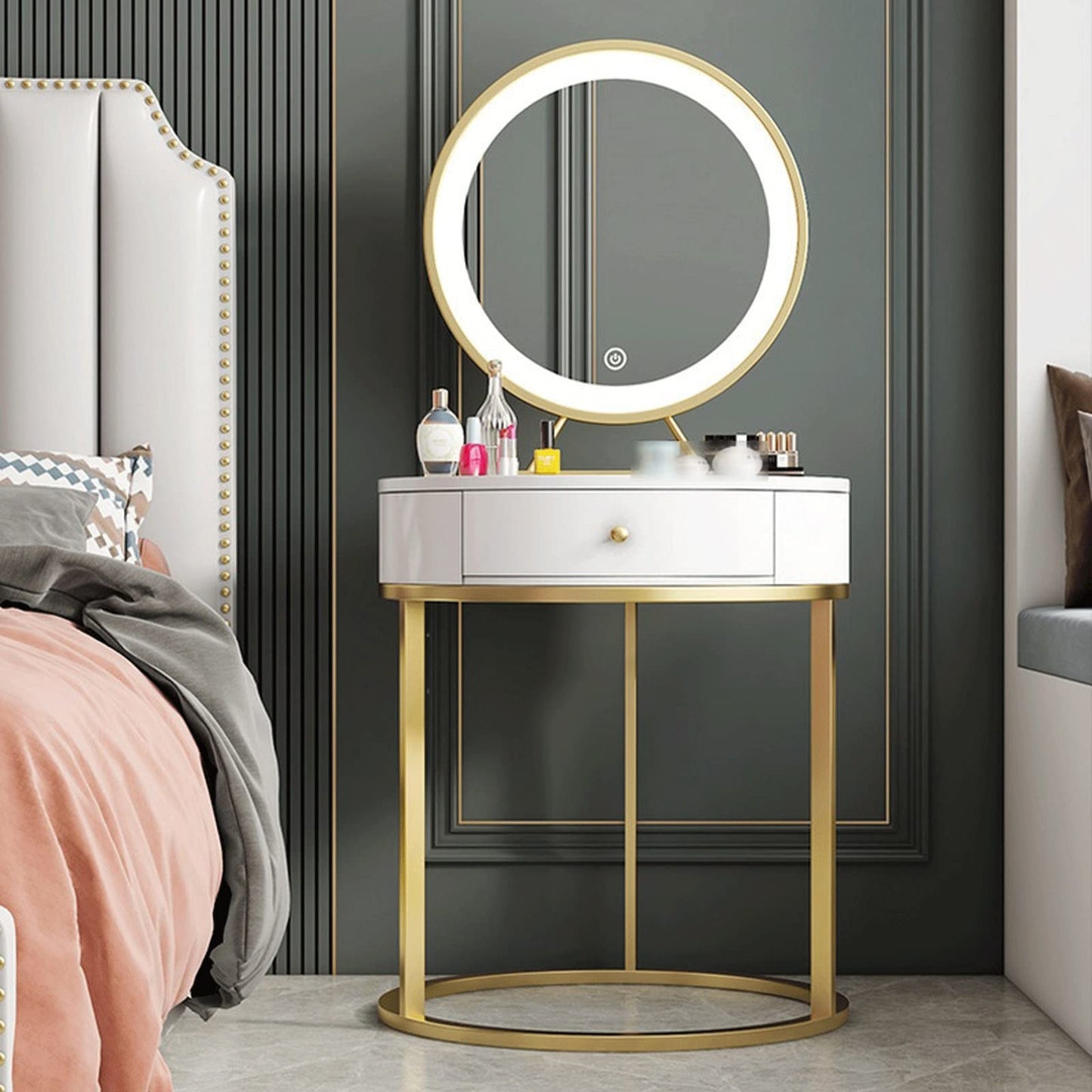 Make-up Schminktisch Kunstfell Lampe Kommode Schlafzimmer Modern Platzsparend Schiefer Finish Möbel Schminktisch Set