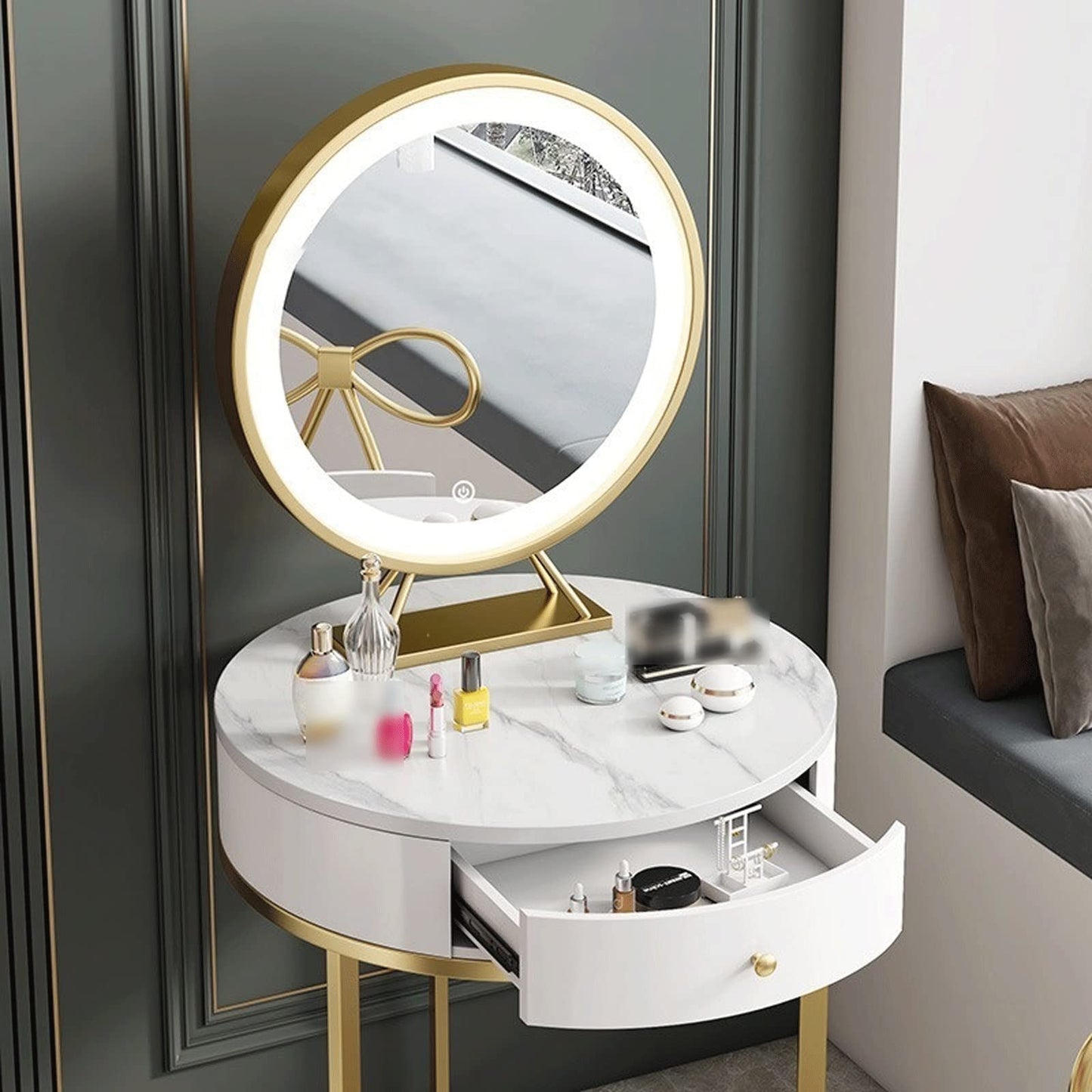 Make-up Schminktisch Kunstfell Lampe Kommode Schlafzimmer Modern Platzsparend Schiefer Finish Möbel Schminktisch Set