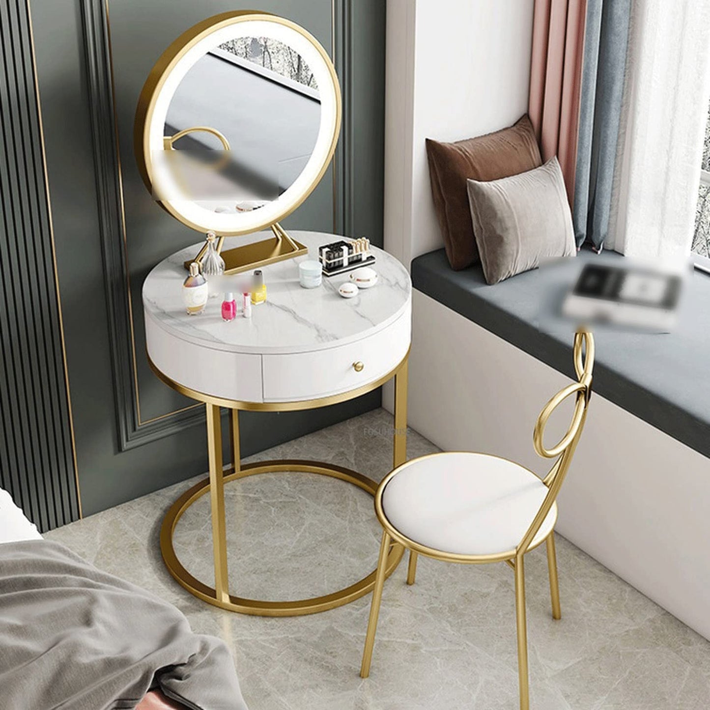 Make-up Schminktisch Kunstfell Lampe Kommode Schlafzimmer Modern Platzsparend Schiefer Finish Möbel Schminktisch Set