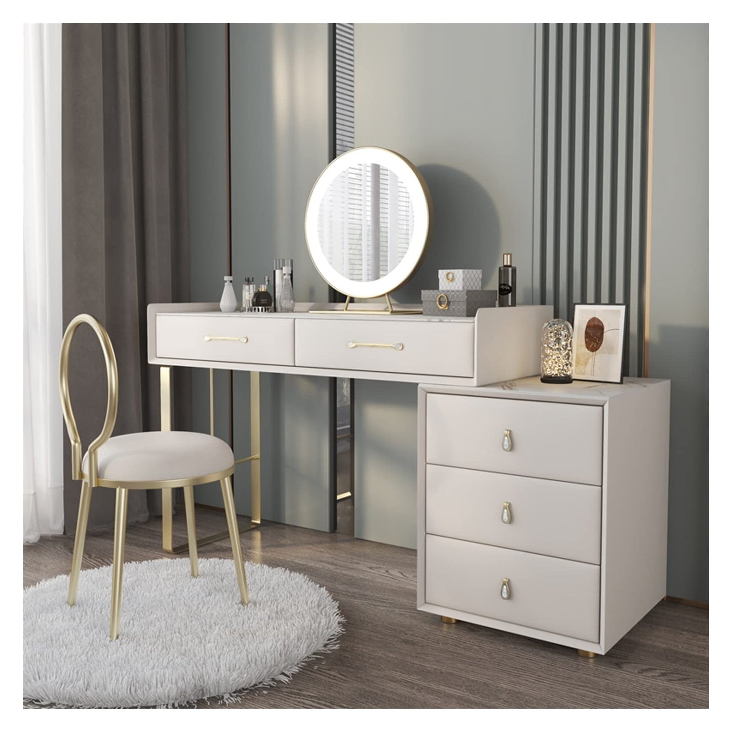 Modernes Schminktisch Set Holz Kommode Steinplatte LED Lampe Ausziehbarer Schreibtisch Schlafzimmer Möbel Set Groß mit Stuhl