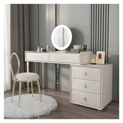 Modernes Schminktisch Set Holz Kommode Steinplatte LED Lampe Ausziehbarer Schreibtisch Schlafzimmer Möbel Set Groß mit Stuhl