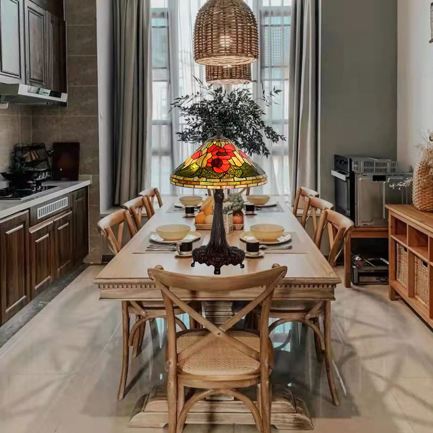 CAPXXIN Tiffany Retro Tischlampe Buntglas Mohnblumen Design Vintage Nachttischlampe Schlafzimmer Wohnzimmer Zinklegierung Handgefertigt