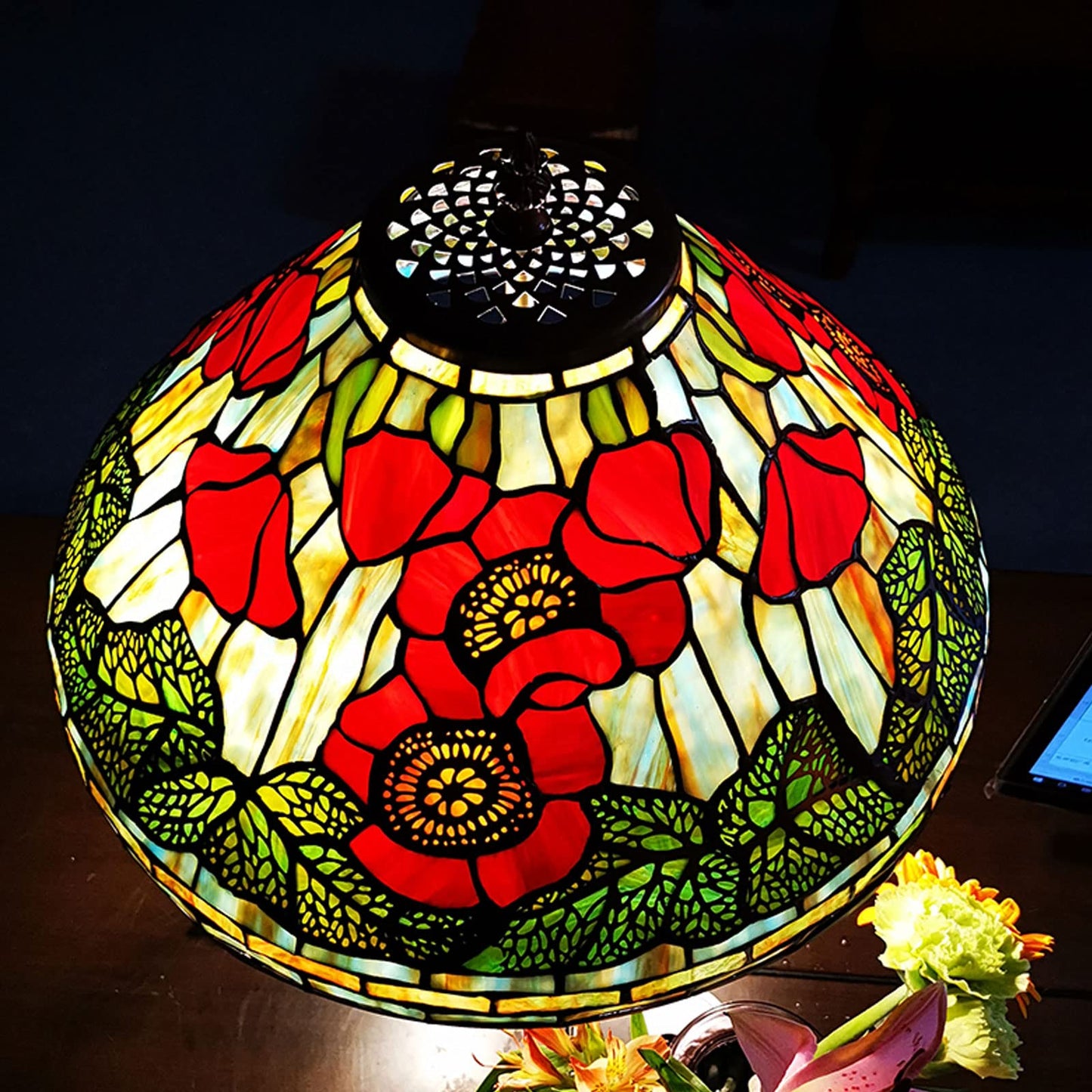 CAPXXIN Tiffany Retro Tischlampe Buntglas Mohnblumen Design Vintage Nachttischlampe Schlafzimmer Wohnzimmer Zinklegierung Handgefertigt