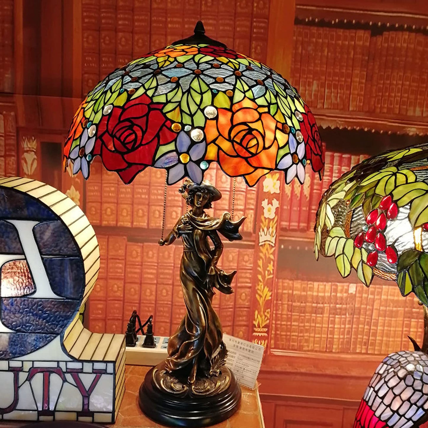 CAPXXIN Tischlampe Tiffany-Stil Rose Blumenstrauß Buntglas Bunte Form Kupferrahmen Dimmende Schreibtischleuchte Luxus Art 18",A Needed