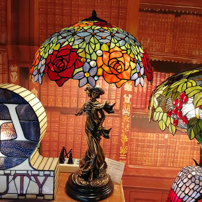 CAPXXIN Tischlampe Tiffany-Stil Rose Blumenstrauß Buntglas Bunte Form Kupferrahmen Dimmende Schreibtischleuchte Luxus Art 18",A Needed